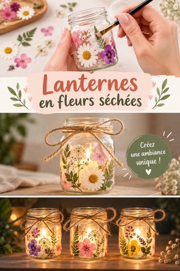Lanterne décorative en fleurs pressées pour une ambiance chaleureuse.