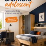Chambre d'adolescent décorée avec un lit, un bureau et des rangements modernes.