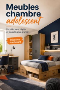 Chambre d'adolescent décorée avec un lit, un bureau et des rangements modernes.