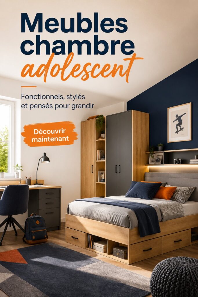 Chambre d'adolescent décorée avec un lit, un bureau et des rangements modernes.
