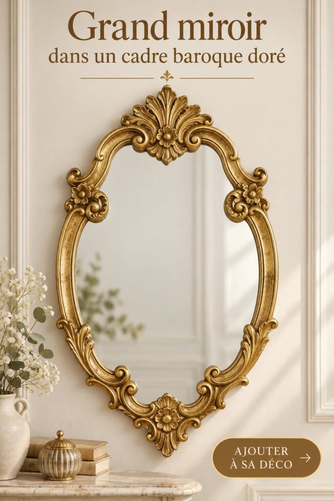 Un grand miroir baroque avec un cadre doré élégant, posé sur un mur de salon.