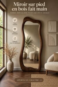 Miroir en bois asymétrique décorant un salon moderne, apportant chaleur et style.
