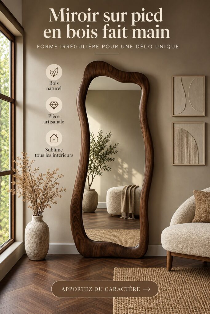 Miroir en bois asymétrique décorant un salon moderne, apportant chaleur et style.