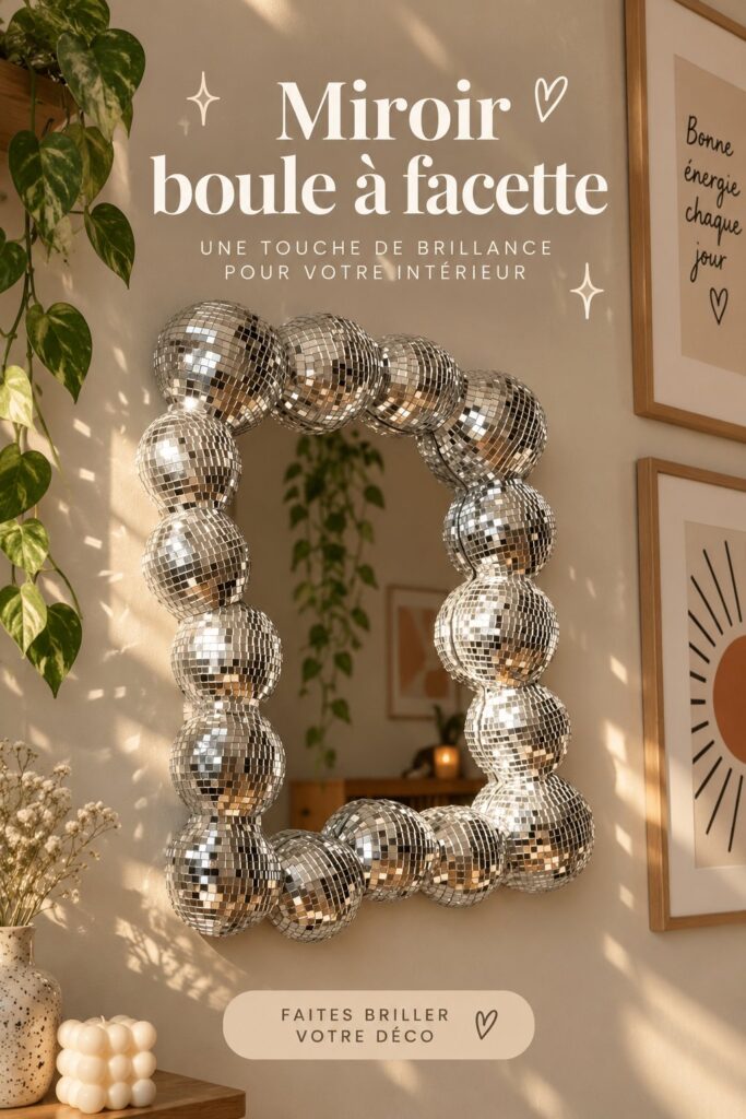 Miroir boule à facette suspendu dans un intérieur lumineux et chaleureux.