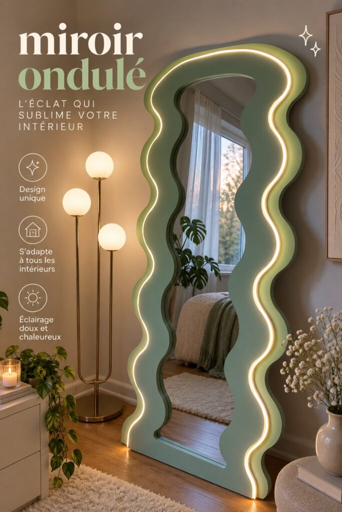 Miroir courbé accroché au mur, décorant une pièce moderne.