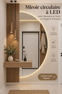 Miroir LED circulaire en bois avec étagère flottante dans une entrée moderne