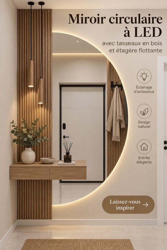 Miroir LED circulaire en bois avec étagère flottante dans une entrée moderne