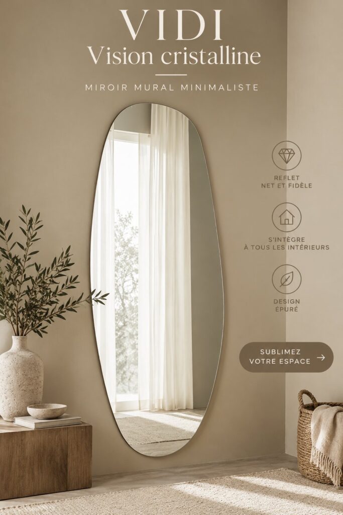 Miroir moderne en verre avec un cadre minimaliste dans un intérieur élégant.