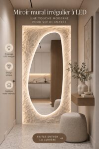 Miroir mural LED irrégulier créant une ambiance moderne dans une entrée