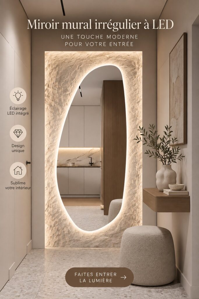 Miroir mural LED irrégulier créant une ambiance moderne dans une entrée