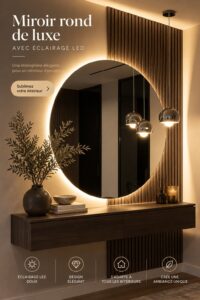 Miroir rond moderne avec éclairage LED suspendu dans une entrée élégante