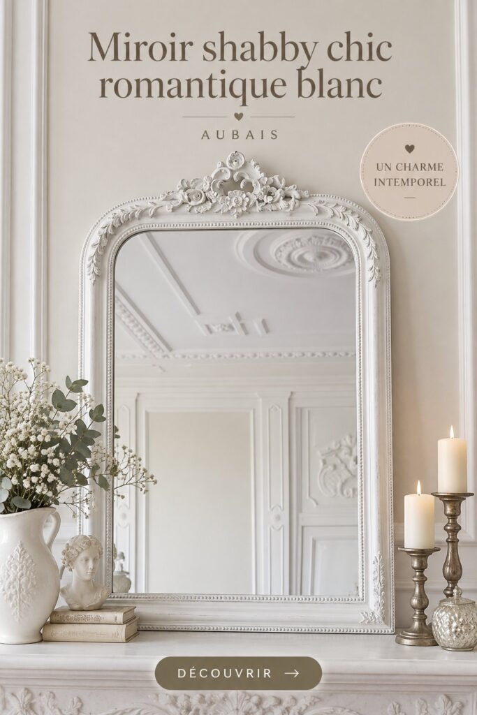 Miroir shabby chic romantique en bois blanc sur un mur décoré