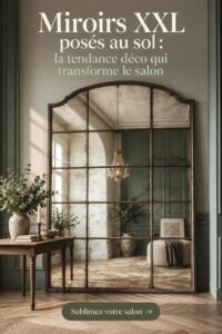 Un salon moderne avec un miroir XXL au sol, apportant lumière et élégance à l'espace.