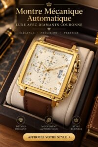 Montre mécanique de luxe sur un fond élégant avec des reflets de lumière.