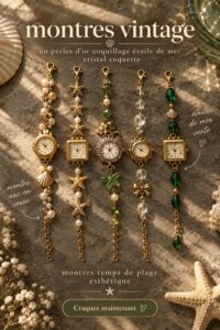 Montre vintage élégante en perles et coquillage sur une table d'été