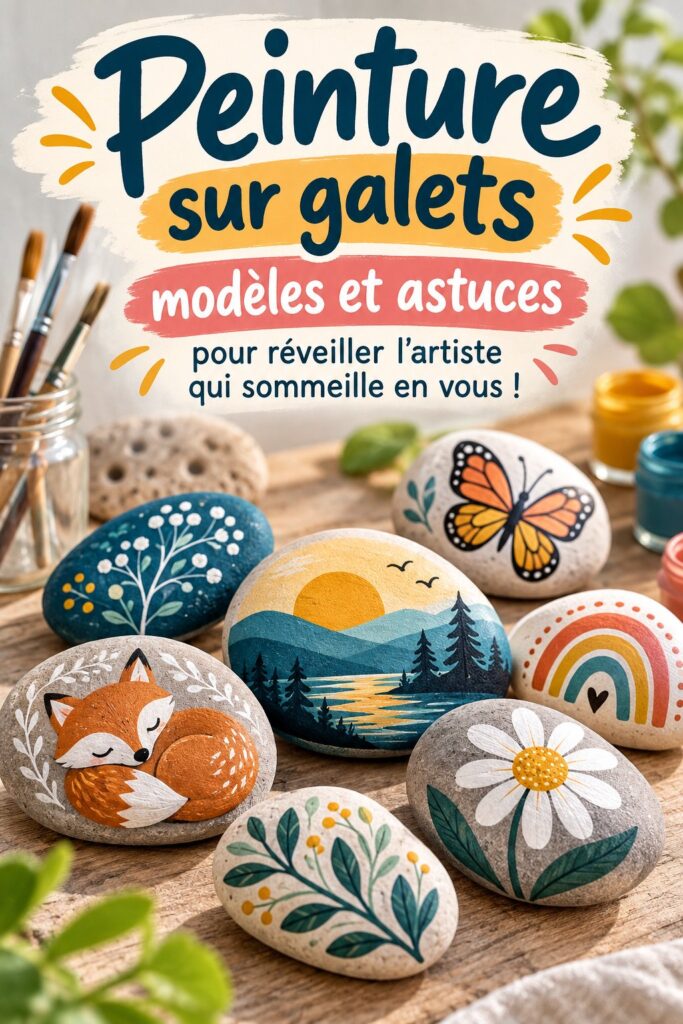Un assortiment de galets peints dans des couleurs vives et des motifs artistiques.