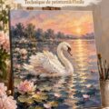 Peinture romantique de cygnes avec des coups de pinceau texturés dans un cadre chaleureux.