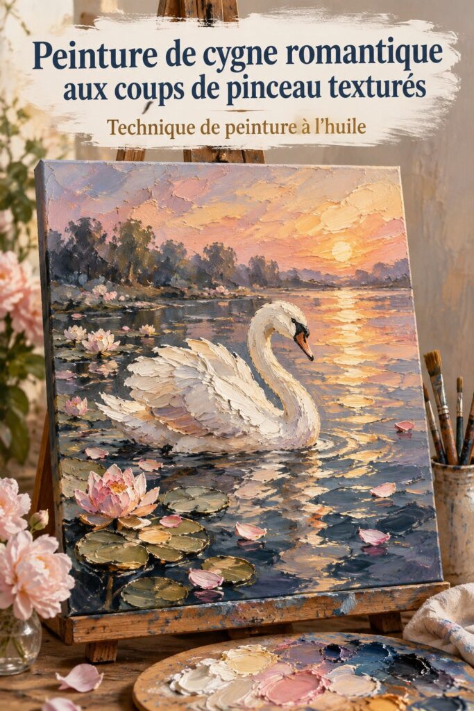 Peinture romantique de cygnes avec des coups de pinceau texturés dans un cadre chaleureux.