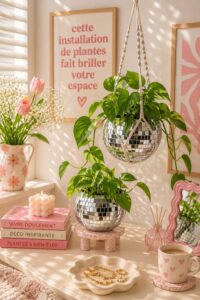 Un aménagement intérieur lumineux avec des plantes vertes et des accessoires naturels.