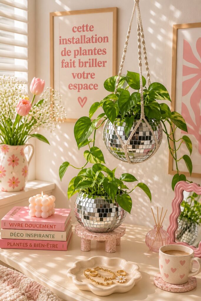 Un aménagement intérieur lumineux avec des plantes vertes et des accessoires naturels.