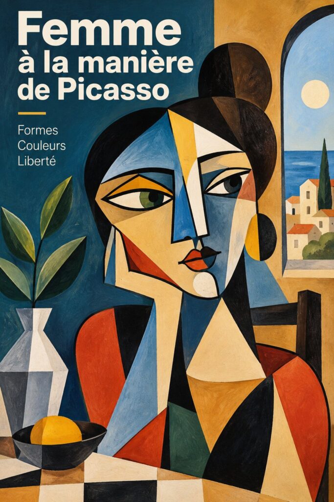 Portrait cubiste d'une femme, dans des couleurs vives et géométriques, apportant une touche moderne à la déco.