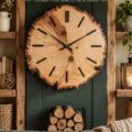 Un réveil en bois rustique sur une table en bois, ajoutant une touche naturelle à la décoration intérieure.
