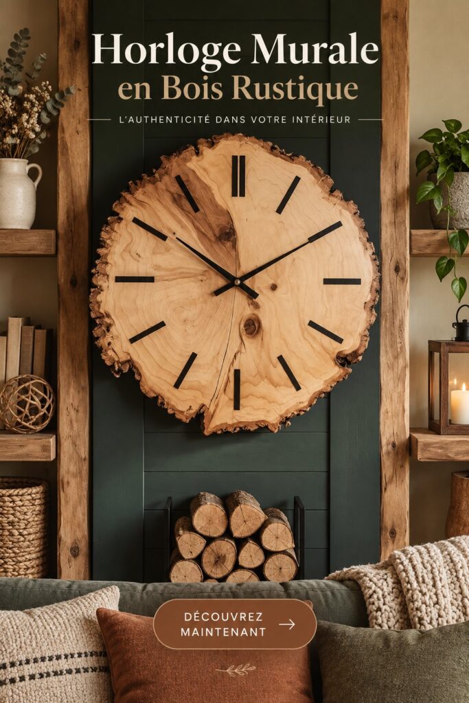 Un réveil en bois rustique sur une table en bois, ajoutant une touche naturelle à la décoration intérieure.
