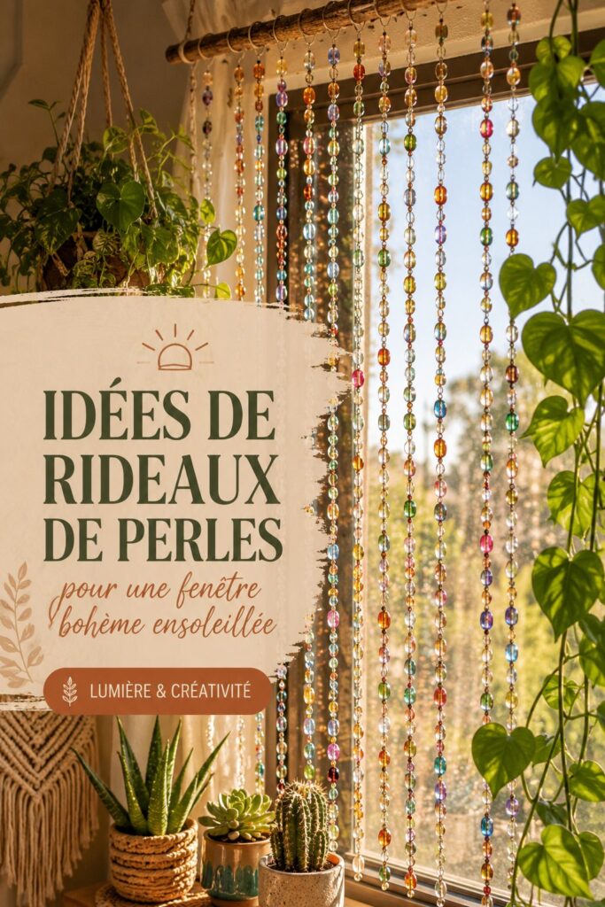 Rideau de perles DIY suspendu à une fenêtre ensoleillée, ajoutant une touche bohème à la pièce.