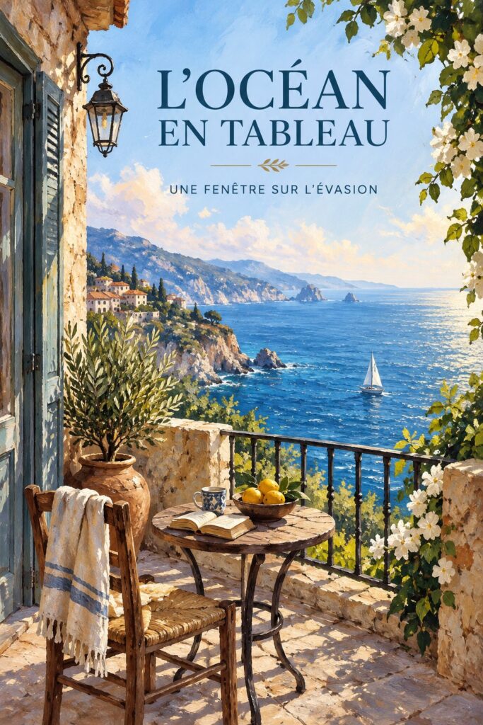 Toile acrylique représentant un balcon face à l'océan, ajoutant une touche marine à la déco intérieure.