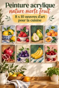Peinture originale de fruits ajoutant une touche décorative à une cuisine moderne.