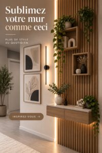 Mur décoré avec des œuvres d'art et des éléments naturels, créant une ambiance chaleureuse.