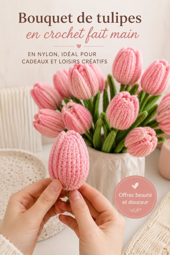 Bouquet de tulipes en crochet colorées dans un vase chic