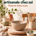 Une table avec des pièces en céramique artisanale créées maison, décorant un intérieur chaleureux.