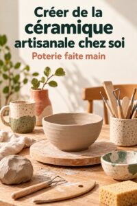 Une table avec des pièces en céramique artisanale créées maison, décorant un intérieur chaleureux.