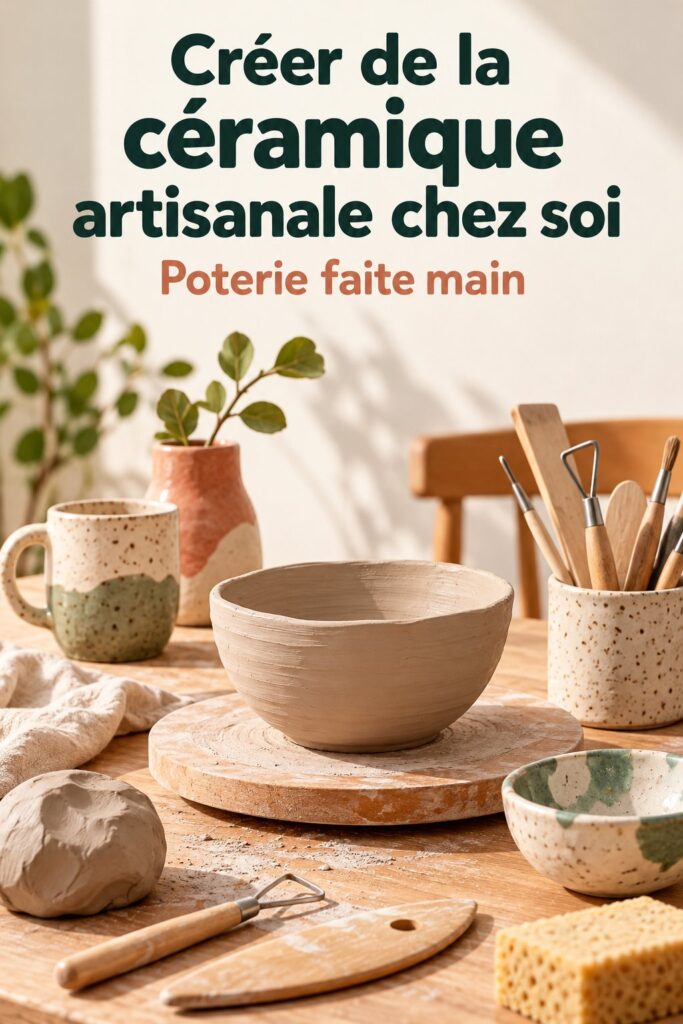 Une table avec des pièces en céramique artisanale créées maison, décorant un intérieur chaleureux.