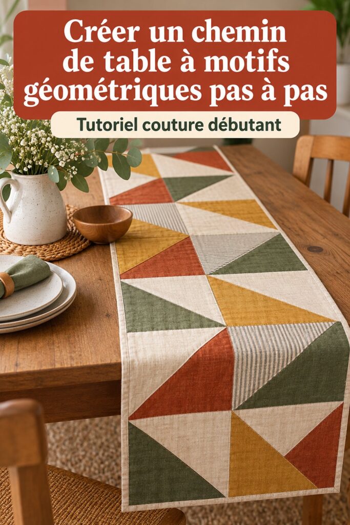 Chemin de table géométrique en tissu sur une table de salle à manger.