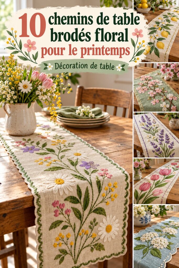 Chemin de table brodé floral sur une table printanière joliment dressée.