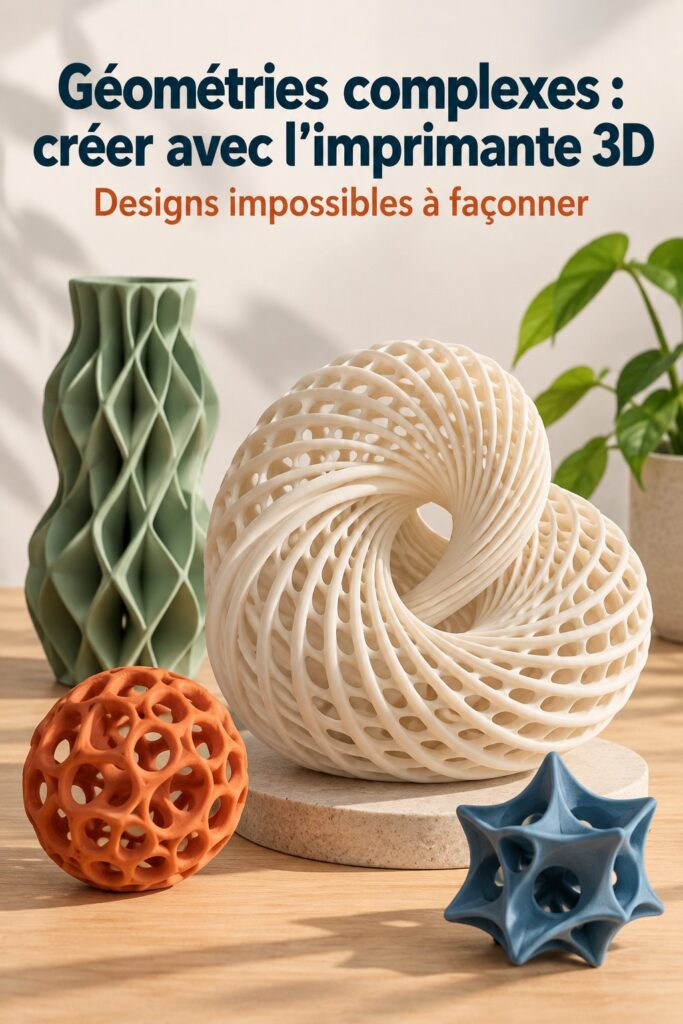 Impression 3D d'objets aux géométries complexes décorant un intérieur moderne.