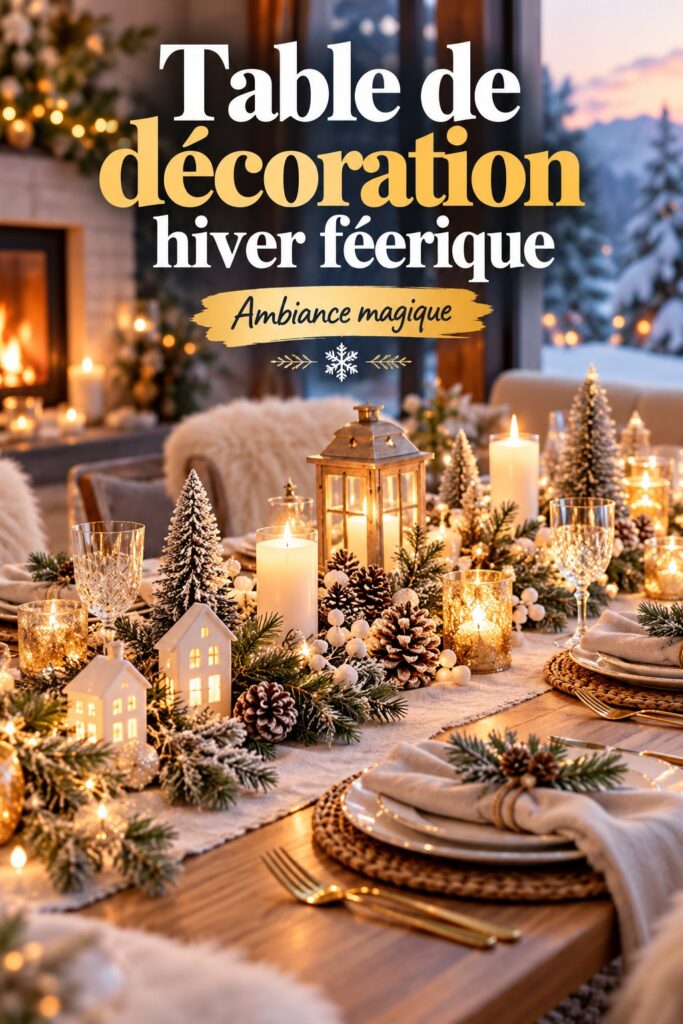 Table de décoration hivernale avec bougies et éléments naturels, créant une ambiance féerique.
