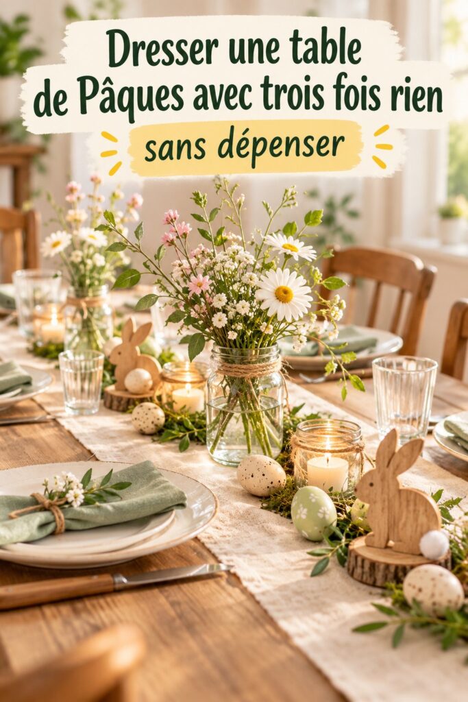 Table de Pâques décorée simplement avec des éléments naturels