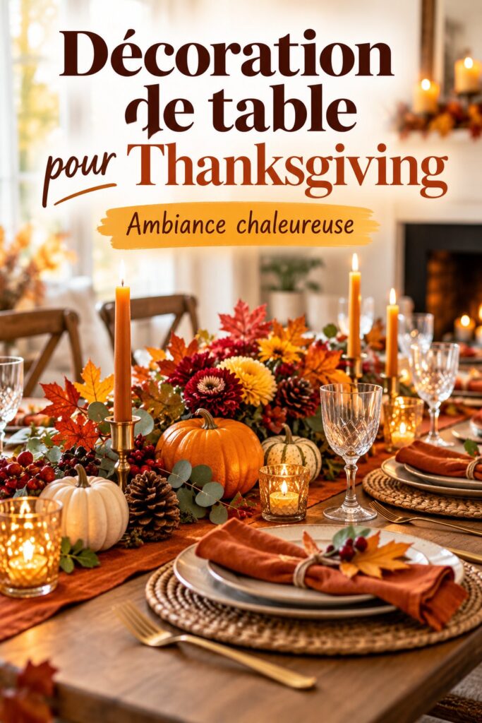 Table de Thanksgiving décorée avec des éléments chaleureux et élégants.