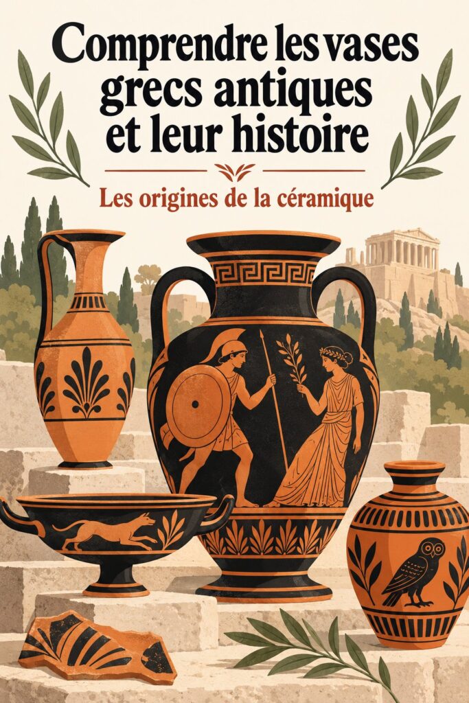Un vase grec antique en terre cuite orné de motifs classiques, illustrant l'histoire de l'art grec.