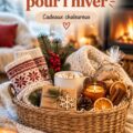 Un panier décoré pour l'hiver, rempli de bougies et de couvertures douillettes.