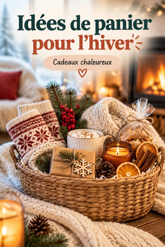 Un panier décoré pour l'hiver, rempli de bougies et de couvertures douillettes.