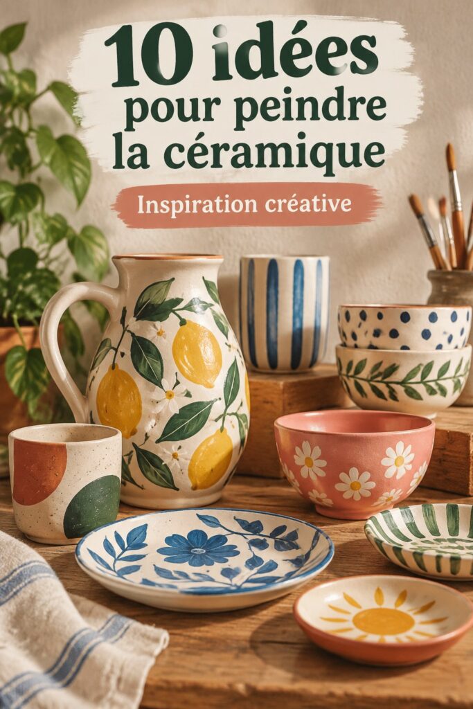 Des pots en céramique décorés avec de la peinture colorée sur une table en bois.