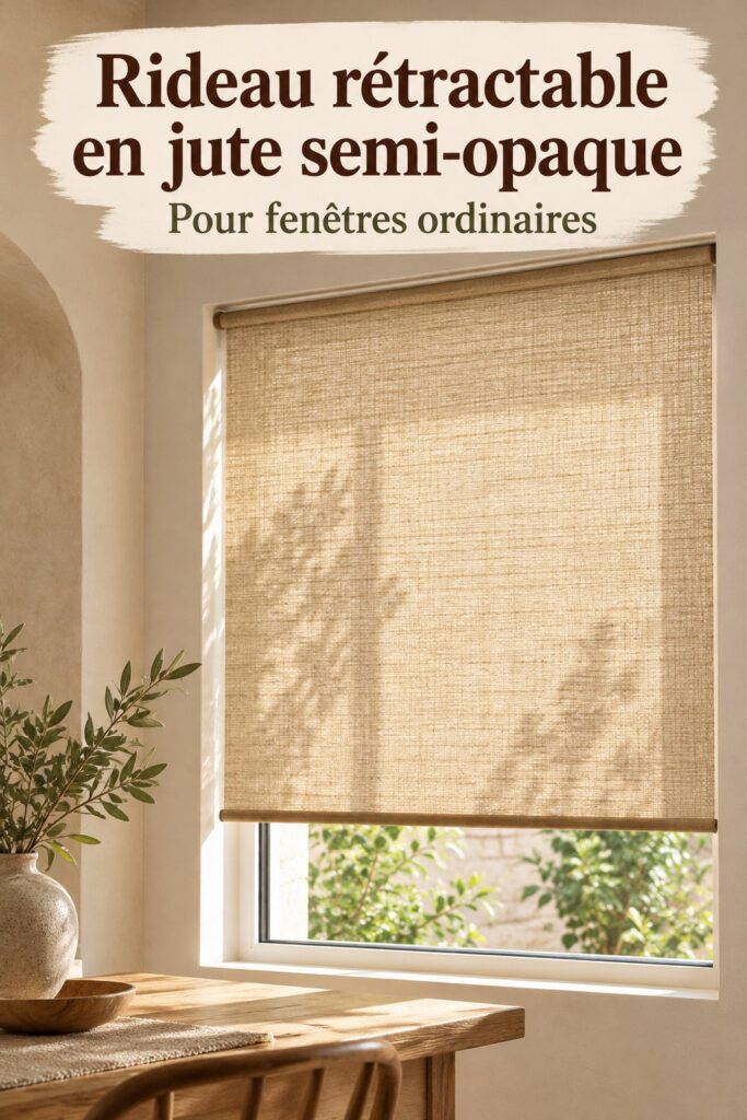 Salon chaleureux avec des rideaux en jute filtrant la lumière.