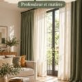 Salon avec des rideaux superposés en lin et velours, apportant texture et élégance.