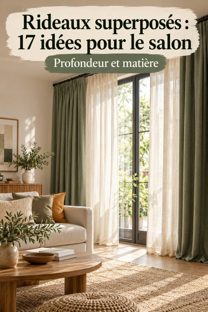 Salon avec des rideaux superposés en lin et velours, apportant texture et élégance.