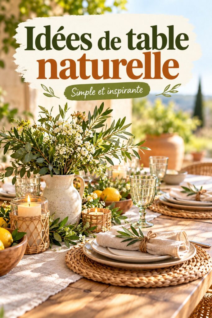 Une table décorée de manière naturelle avec des éléments en bois et des fleurs fraîches.