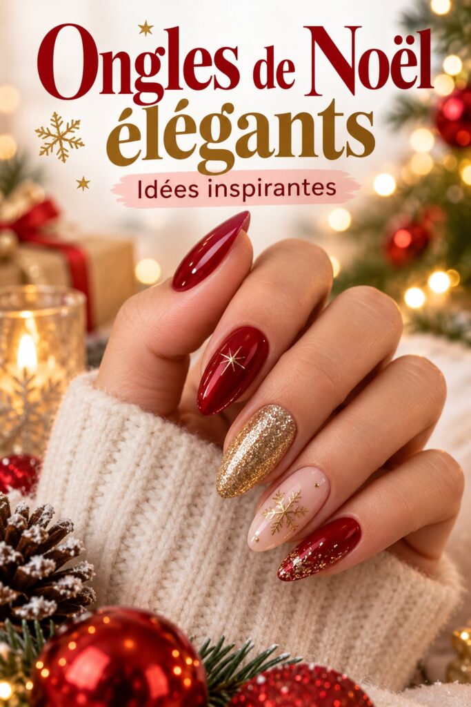 Ongles de Noël élégants avec motifs festifs et couleurs saisonnières.